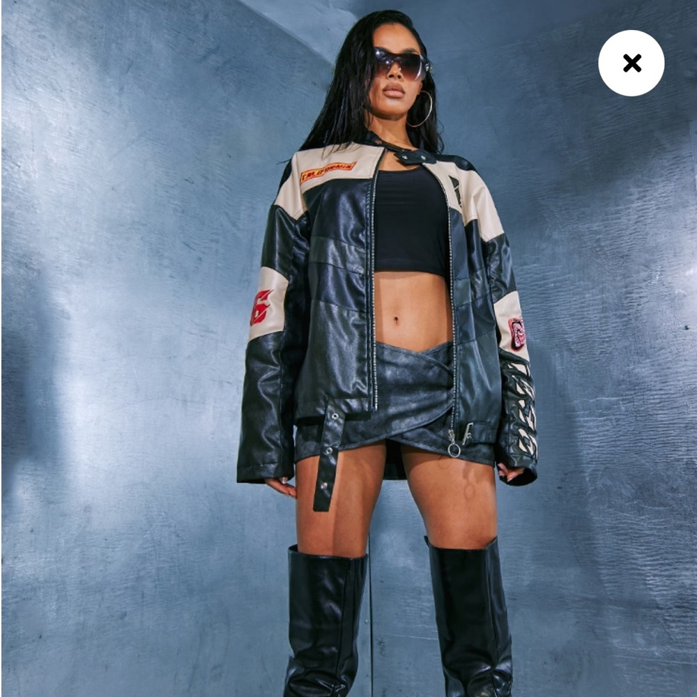 Black Contrast Panel Oversized Faux Leather Motocross Jacket